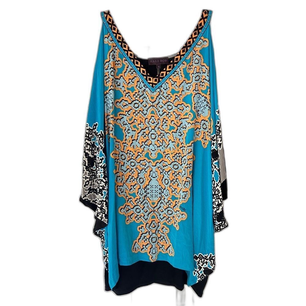 Hale Bob silk cold shoulder kaftan ornate print v-neck short sleeve blouse small